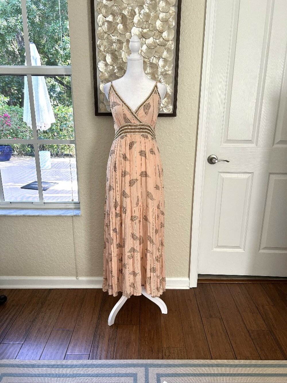 Zury Peach Gold Threaded Embroidered Maxi Dress